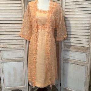 Vintage 1960s Sylvia Ann Peach Dress & Sheer Floral Jacket Union Made